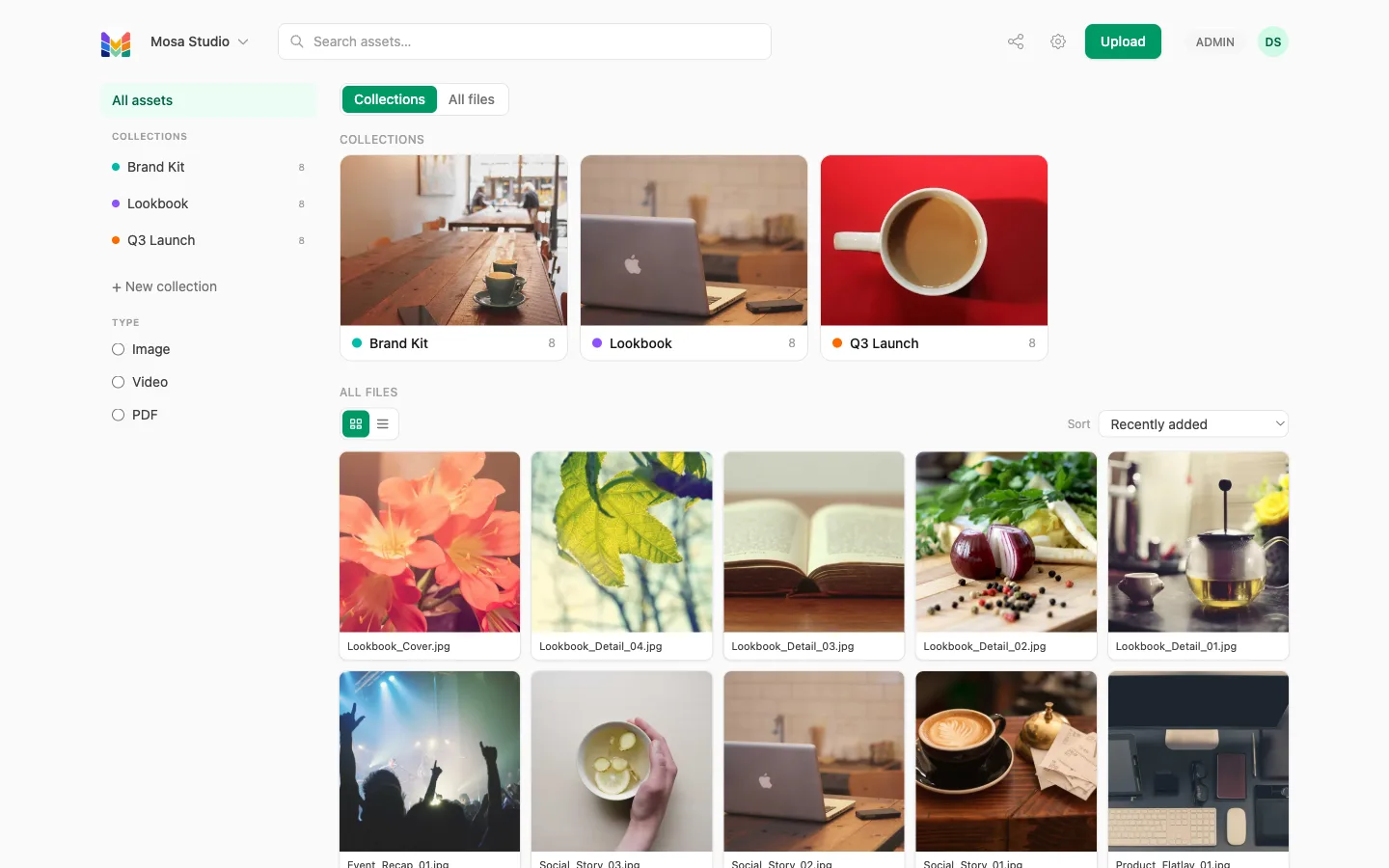 Collections view — campaign and brand assets grouped into Brand Kit, Lookbook and Q3 Launch collections