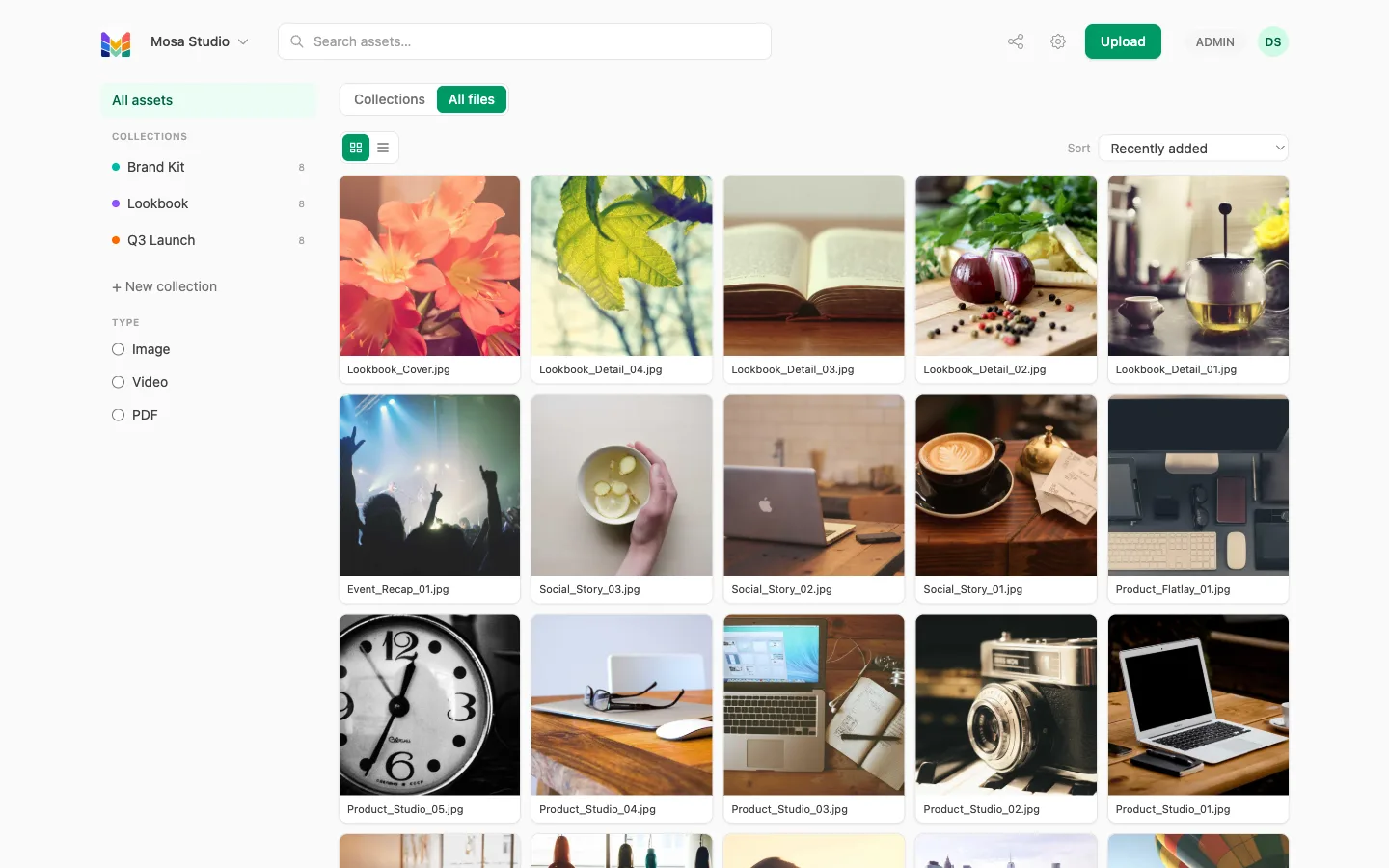 Mosa Asset Library — a mosaic grid of real brand, campaign and product thumbnails